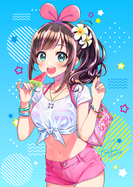 Anime picture 893x1253 with virtual youtuber a.i. channel kizuna ai morikura en single long hair tall image looking at viewer blush fringe open mouth blue eyes light erotic smile brown hair holding signed ponytail :d multicolored hair