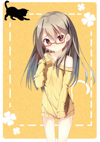 Anime picture 800x1131 with original kei (pixiv2548624) single long hair tall image looking at viewer red eyes brown hair bare shoulders girl animal glasses cat sweater