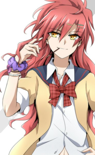 Anime picture 800x1300 with akuma no riddle sagae haruki kago-tan single long hair tall image simple background smile white background yellow eyes looking away ponytail red hair hand on hip twisty sleeves girl uniform hair ornament school uniform sweets