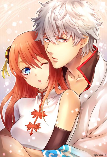 Anime picture 800x1179 with gintama sunrise (studio) sakata gintoki kagura (gintama) xxru 2 long hair tall image fringe short hair open mouth blue eyes hair between eyes red eyes signed silver hair upper body traditional clothes head tilt one eye closed orange hair