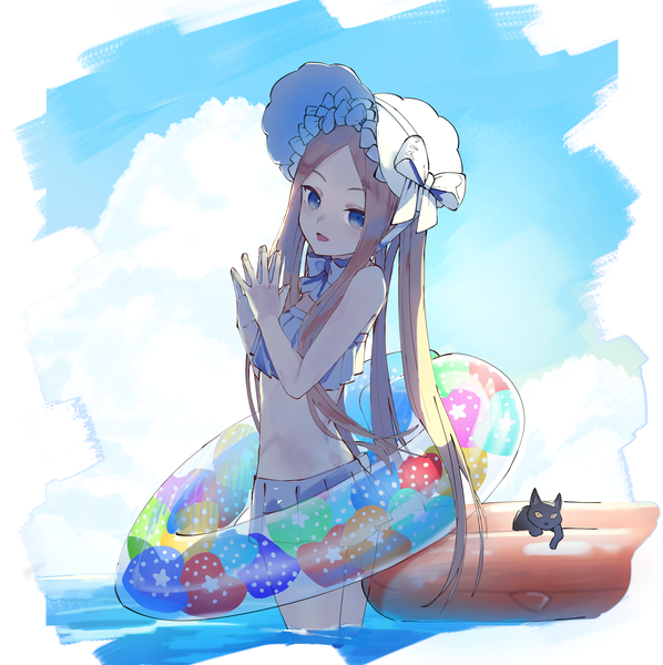 Anime picture 1927x1932 with fate (series) fate/grand order abigail williams (fate) abigail williams (swimsuit foreigner) (fate) eisuto single long hair tall image looking at viewer fringe highres open mouth blue eyes blonde hair smile sky cloud (clouds) outdoors :d partially submerged