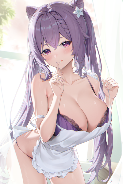 Anime picture 2339x3500 with genshin impact keqing (genshin impact) rosumerii single long hair tall image looking at viewer blush fringe highres breasts light erotic smile hair between eyes large breasts standing purple eyes twintails payot purple hair