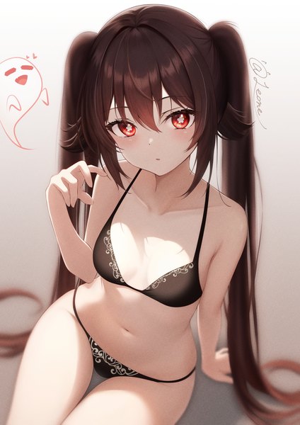 Anime-Bild 3969x5613 mit genshin impact hu tao (genshin impact) boo tao (genshin impact) leone (kamina0205) single tall image looking at viewer blush fringe highres breasts open mouth light erotic simple background hair between eyes red eyes brown hair sitting twintails signed