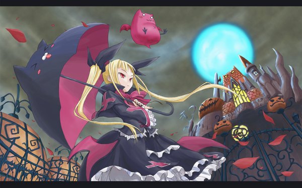 Anime picture 1920x1200 with blazblue rachel alucard gii single long hair highres blonde hair red eyes wide image standing twintails holding loli bat wings girl dress bow ribbon (ribbons) hair ribbon petals