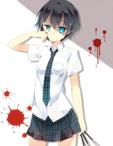 Anime picture 924x1188 with akuma no riddle azuma tokaku tagme (artist) single tall image looking at viewer breasts simple background standing holding aqua eyes grey hair shadow bleeding girl skirt hair ornament shirt necktie white shirt