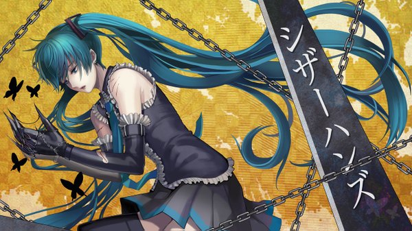 Anime picture 1250x703 with vocaloid scissorhands (vocaloid) hatsune miku dori wide image twintails bare shoulders very long hair aqua eyes aqua hair girl skirt gloves miniskirt necktie elbow gloves frills insect butterfly chain