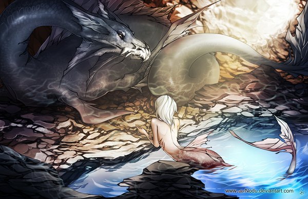 Anime picture 900x581 with unodu long hair white hair tail bare back fantasy fish tail girl water dragon mermaid