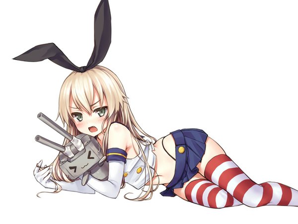 Anime picture 800x600 with kantai collection shimakaze destroyer rensouhou-chan rimo long hair looking at viewer blush fringe open mouth simple background blonde hair white background lying pleated skirt aqua eyes teeth bare belly midriff fang (fangs) hug