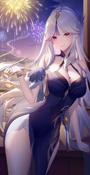 Anime picture 2480x4790 with genshin impact ningguang (genshin impact) ningguang (orchid's evening gown) (genshin impact) lightria single long hair tall image blush fringe highres breasts light erotic smile red eyes large breasts standing bare shoulders holding signed looking away
