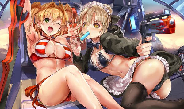 Anime picture 1000x596 with fate (series) fate/grand order artoria pendragon (all) nero claudius (fate) (all) nero claudius (swimsuit caster) (fate) artoria pendragon (alter swimsuit rider) (fate) himuro (dobu no hotori) long hair looking at viewer blush fringe short hair breasts open mouth light erotic blonde hair smile hair between eyes wide image large breasts