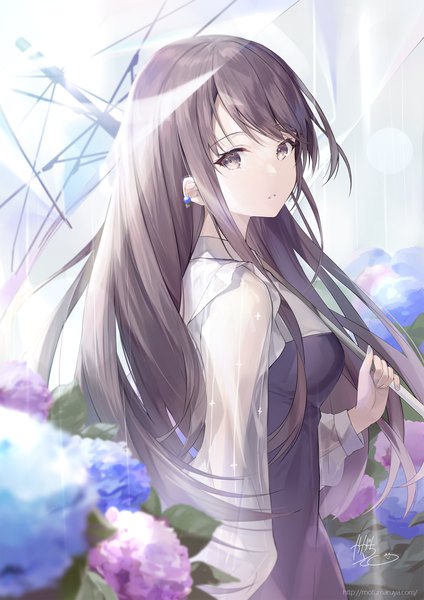 Anime picture 2121x3000 with original kagachi saku single long hair tall image looking at viewer fringe highres breasts brown hair standing holding brown eyes signed outdoors blurry turning head rain transparent umbrella girl