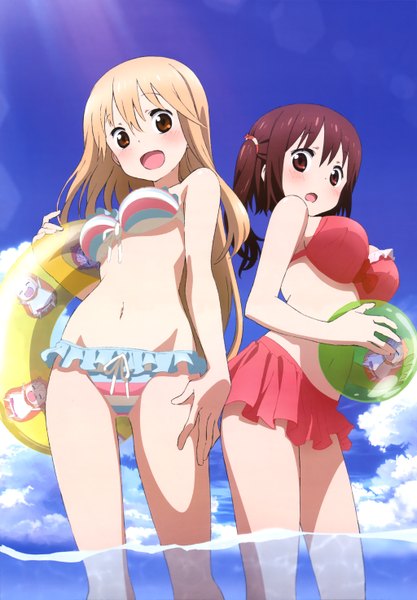 Anime picture 4094x5894 with himouto! umaru-chan doga kobo nyantype doma umaru ebina nana tagme (artist) long hair tall image looking at viewer blush highres breasts open mouth light erotic blonde hair brown hair multiple girls brown eyes absurdres sky