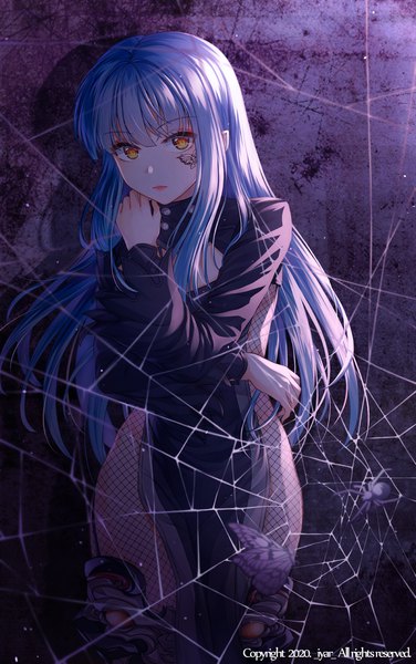 Anime picture 1500x2393 with blade & soul iyar single long hair tall image looking at viewer fringe light erotic hair between eyes standing signed yellow eyes payot silver hair long sleeves pointy ears shadow tattoo floating hair crossed arms