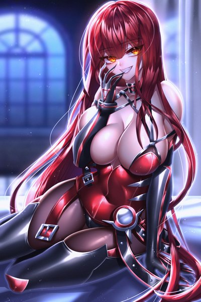 Anime picture 2362x3543 with elsword elesis (elsword) been single tall image fringe highres breasts light erotic smile hair between eyes large breasts sitting red hair indoors very long hair head tilt arm up blurry night
