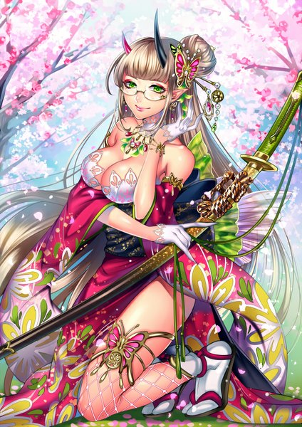 Anime picture 600x848 with original matsurika youko single tall image looking at viewer fringe breasts light erotic smile large breasts standing bare shoulders green eyes very long hair traditional clothes japanese clothes horn (horns) lips pointy ears wide sleeves