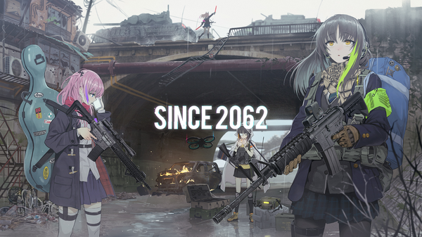 Anime picture 1920x1080 with girls frontline m4a1 (girls frontline) m4 sopmod ii (girls frontline) st ar-15 (girls frontline) m16a1 (girls frontline) ladic fringe highres blue eyes black hair blonde hair wide image standing multiple girls yellow eyes looking away pink hair sky purple hair outdoors