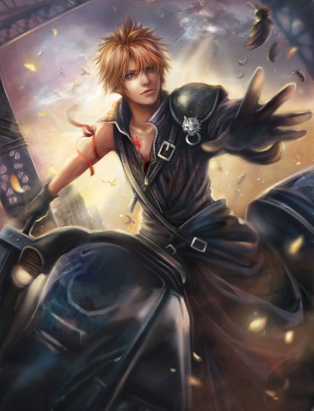 Anime picture 1024x1343 with final fantasy vii advent children final fantasy final fantasy vii square enix cloud strife jiuge single tall image short hair blue eyes brown hair sky cloud (clouds) lips sunlight realistic boy gloves ribbon (ribbons) animal