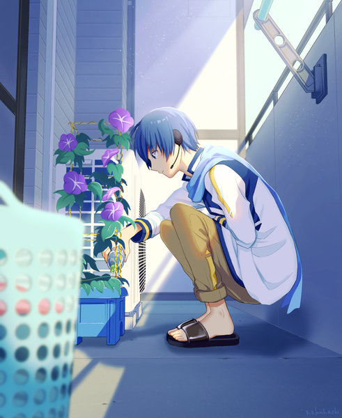 Anime picture 901x1100 with vocaloid kaito (vocaloid) nokuhashi single tall image short hair blue eyes blue hair full body profile looking down squat boy flower (flowers) headphones scarf headset balcony morning glory