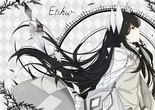 Anime picture 2779x1968 with haiiro teien etihw izumi kimi single long hair looking at viewer fringe highres black hair long sleeves profile grey eyes character names floating hair text alternate hairstyle english expressionless rhombus girl