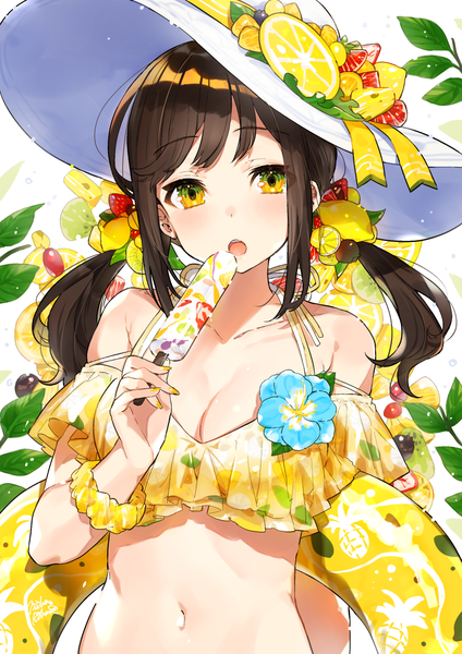 Anime picture 919x1300 with original mika pikazo single long hair tall image looking at viewer blush fringe breasts open mouth light erotic simple background brown hair white background twintails bare shoulders holding yellow eyes payot cleavage