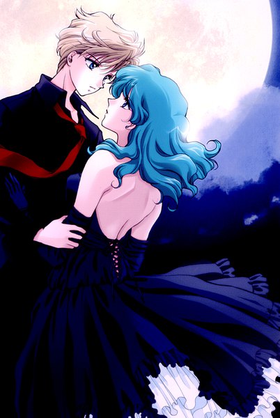 Anime picture 1200x1788 with bishoujo senshi sailor moon toei animation kaiou michiru tenou haruka yamada mario long hair tall image fringe short hair blue eyes brown hair standing bare shoulders multiple girls blue hair long sleeves profile from behind night night sky