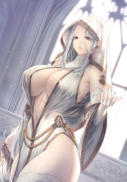 Anime picture 1120x1600 with original limeblock single long hair tall image looking at viewer fringe breasts light erotic hair between eyes red eyes large breasts standing bare shoulders silver hair indoors parted lips wide sleeves side slit center opening