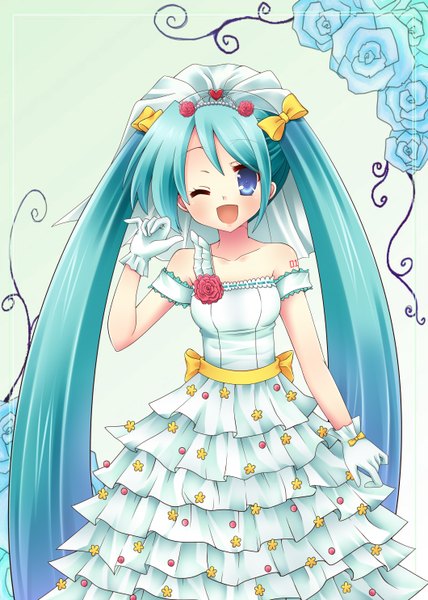 Anime picture 2120x2968 with vocaloid hatsune miku mashiro yuki (artist) single long hair tall image highres open mouth blue eyes twintails one eye closed wink aqua hair girl dress gloves flower (flowers) rose (roses) wedding dress wedding veil