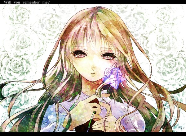 Anime picture 1600x1166 with ib (game) mary (ib) single long hair looking at viewer blonde hair brown eyes inscription girl flower (flowers) blue rose