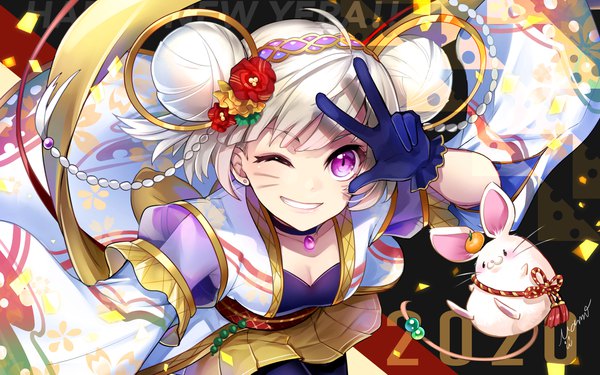 Anime picture 2000x1250 with original mamo (fortune-mm) single looking at viewer highres short hair breasts smile large breasts purple eyes signed cleavage white hair traditional clothes japanese clothes pleated skirt one eye closed hair flower wide sleeves hair bun (hair buns)