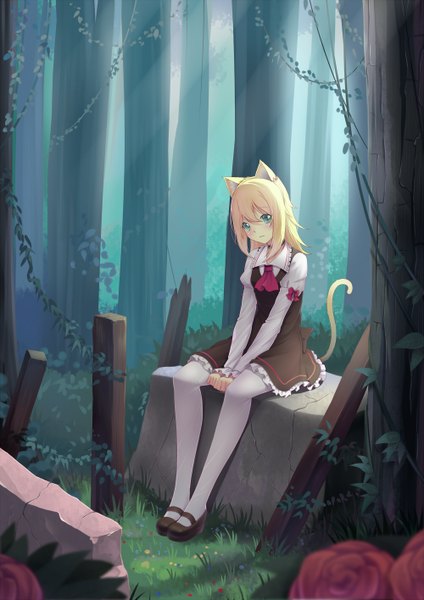 Anime picture 1000x1416 with original sonikey0 0 single long hair tall image blush blue eyes blonde hair sitting animal ears tail animal tail cat ears cat girl cat tail girl dress flower (flowers) plant (plants) pantyhose