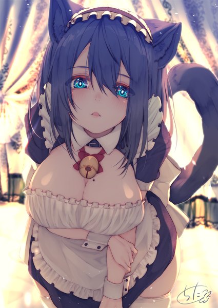 Anime-Bild 1417x2000 mit original chita (ketchup) single tall image looking at viewer blush fringe short hair breasts open mouth blue eyes light erotic black hair hair between eyes large breasts standing signed animal ears cleavage tail