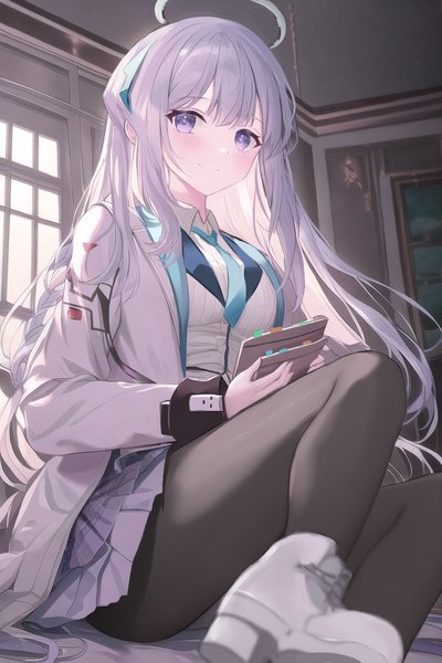 Anime picture 2048x3072 with blue archive noa (blue archive) un uk single long hair tall image looking at viewer fringe highres smile sitting purple eyes silver hair indoors from below girl pantyhose necktie window black pantyhose