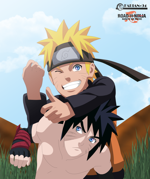 Anime picture 1879x2240 with naruto studio pierrot naruto (series) uzumaki naruto menma (naruto) fabiansm tall image highres short hair blue eyes black hair blonde hair smile sky cloud (clouds) one eye closed wink inscription grin coloring