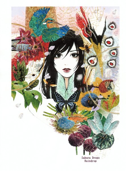 Anime picture 2250x3047 with original raindrop (artist) long hair tall image looking at viewer highres open mouth black hair white background black eyes scan girl flower (flowers) animal bird (birds) insect butterfly parrot crane (bird) peacock