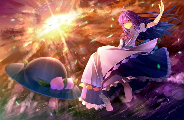 Anime picture 1000x652 with touhou hinanawi tenshi ryosios single long hair fringe smile red eyes sky purple hair cloud (clouds) ahoge barefoot dutch angle outstretched arm evening sunset weightlessness hat removed girl