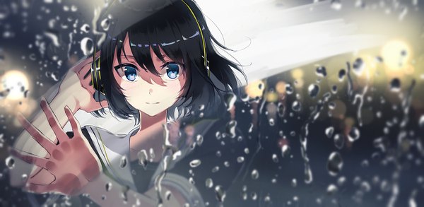 Anime picture 1200x587 with original kusaka kou single looking at viewer blush fringe short hair blue eyes black hair hair between eyes wide image upper body light smile mole mole under eye shaded face against glass hand on headphones girl uniform