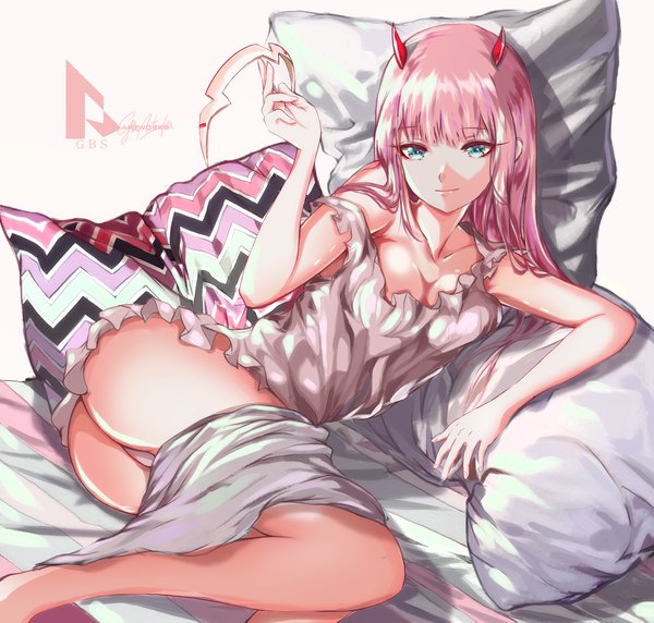 Anime picture 1800x1717 with darling in the franxx studio trigger zero two (darling in the franxx) gbsartworks single long hair looking at viewer fringe highres breasts light erotic simple background large breasts holding signed pink hair bent knee (knees) ass lying blunt bangs