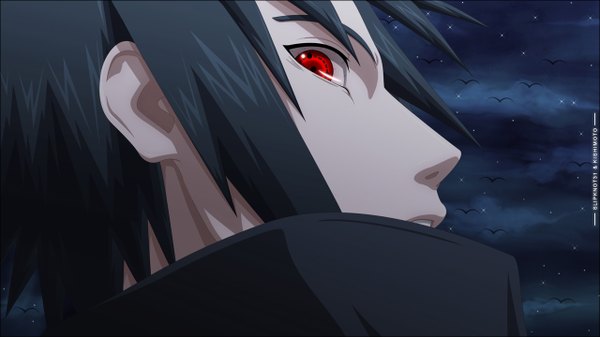 Anime picture 1280x720 with naruto studio pierrot naruto (series) uchiha sasuke slipknot31 single short hair black hair red eyes wide image cloud (clouds) looking back night sky coloring portrait face sharingan boy animal bird (birds)