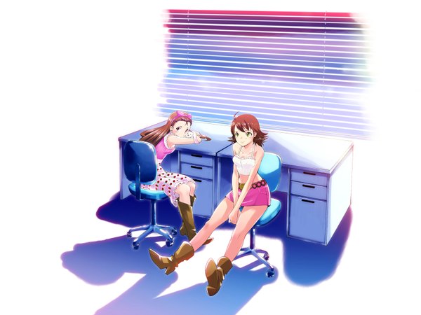 Anime picture 1600x1200 with idolmaster idolmaster (classic) hoshii miki minase iori riyo (riyontoko) highres sitting midriff boots toy stuffed animal chair desk