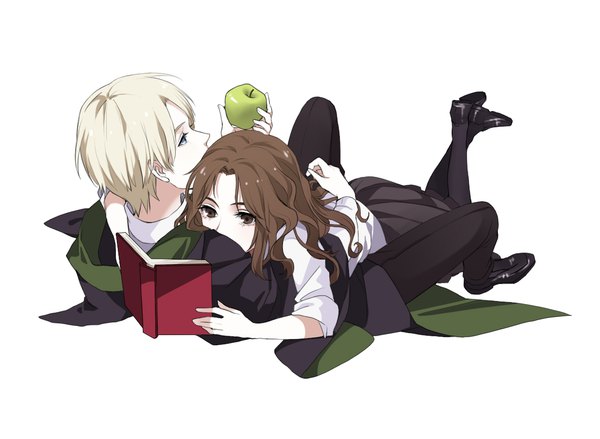 Anime picture 1181x866 with harry potter hermione granger draco malfoy juni gen long hair short hair blue eyes blonde hair simple background brown hair white background brown eyes lying couple hug covered mouth reading girl boy uniform