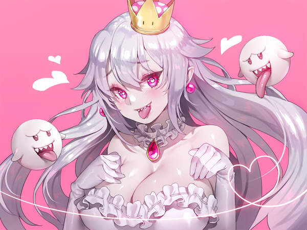Anime picture 1000x750 with super mario bros. new super mario bros. u deluxe princess king boo boo (mario) ruhee single long hair looking at viewer blush fringe breasts open mouth light erotic simple background hair between eyes large breasts bare shoulders cleavage silver hair upper body