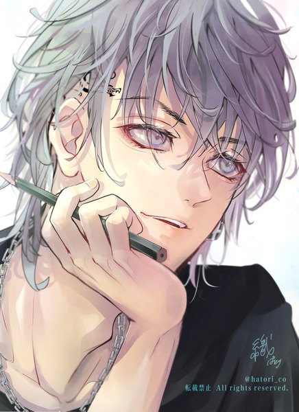 Anime picture 2000x2754 with tokyo revengers mitsuya takashi hatori co single long hair tall image highres signed looking away upper body grey hair grey eyes tattoo twitter username chin rest boy pencil