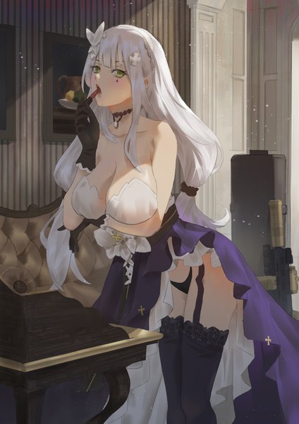 Anime picture 2894x4093 with girls frontline hk416 (girls frontline) hk416 (starry cocoon) (girls frontline) cirilla single long hair tall image looking at viewer blush fringe highres breasts open mouth light erotic large breasts standing twintails bare shoulders holding green eyes