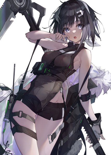 Anime picture 3035x4258 with arknights la pluma (arknights) timmoo single tall image looking at viewer highres short hair open mouth light erotic black hair simple background white background purple eyes absurdres groin girl weapon hairclip scythe