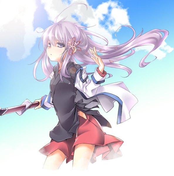 Anime picture 1139x1154 with sword girls crux knight pintail (sword girls) kuro (kuronell) single long hair tall image purple eyes sky purple hair cloud (clouds) traditional clothes japanese clothes hair flower girl skirt hair ornament flower (flowers) ribbon (ribbons) weapon hair ribbon