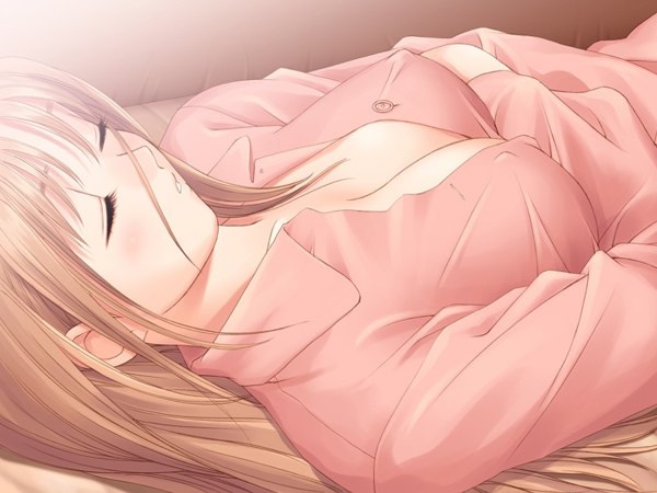 Anime picture 1200x900 with after tony taka single long hair fringe breasts light erotic blonde hair large breasts cleavage upper body indoors lying eyes closed parted lips no bra on back covered nipples crossed arms sleeping