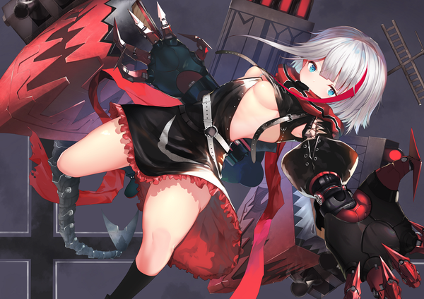 Anime picture 2654x1877 with azur lane admiral graf spee (azur lane) isaka wasabi single blush fringe highres short hair breasts blue eyes light erotic hair between eyes payot looking away silver hair multicolored hair two-tone hair streaked hair underboob covered mouth