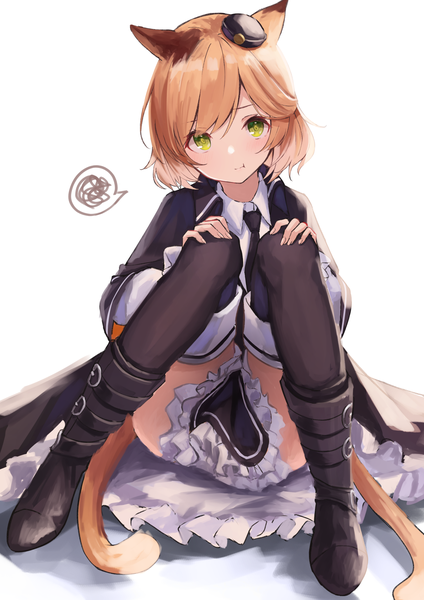 Anime picture 1191x1684 with arknights mousse (arknights) kinome noi single tall image looking at viewer blush fringe short hair light erotic simple background hair between eyes brown hair white background green eyes animal ears full body bent knee (knees) tail long sleeves