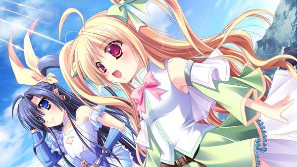Anime picture 1024x576 with hanasaku otome to koi no grimoire long hair open mouth blue eyes black hair blonde hair red eyes wide image twintails multiple girls game cg ahoge loli one side up girl dress bow 2 girls hair bow detached sleeves