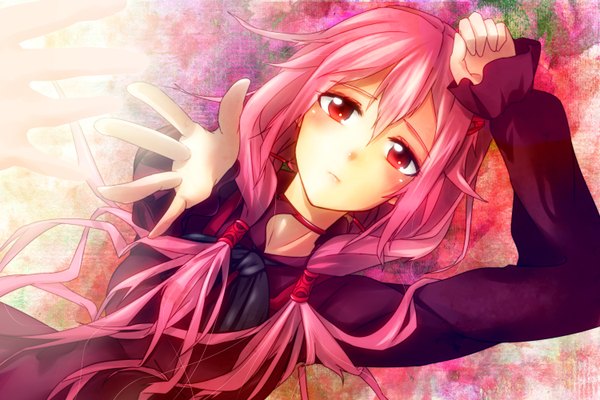 Anime picture 1500x1000 with guilty crown production i.g yuzuriha inori mikaharu single long hair red eyes pink hair lying girl dress hair ornament hairclip hands